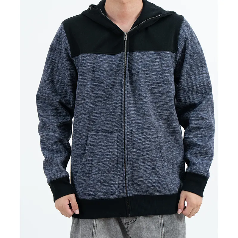 Felpa con cappuccio con zip blu-grigio e pannelli neri sulle spalle