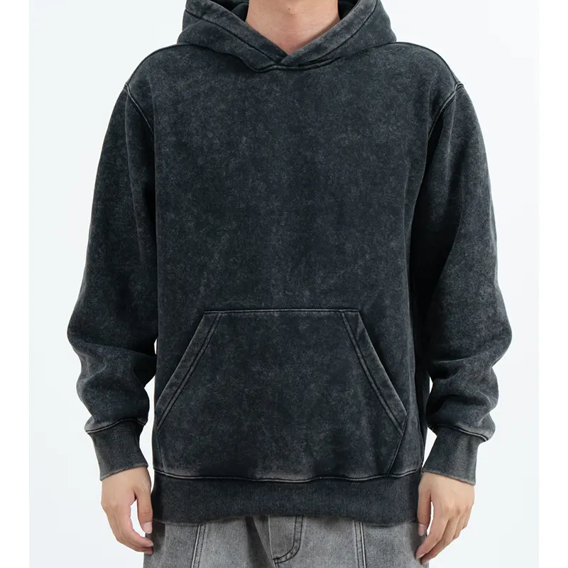Felpa con cappuccio pullover dall'aspetto screziato color carbone con spalle scese