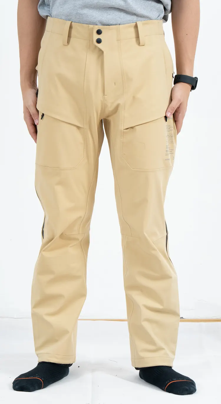 Beige Waterproof Hardshell Cargo Pants with Thermal Fabric and Long Side Zips