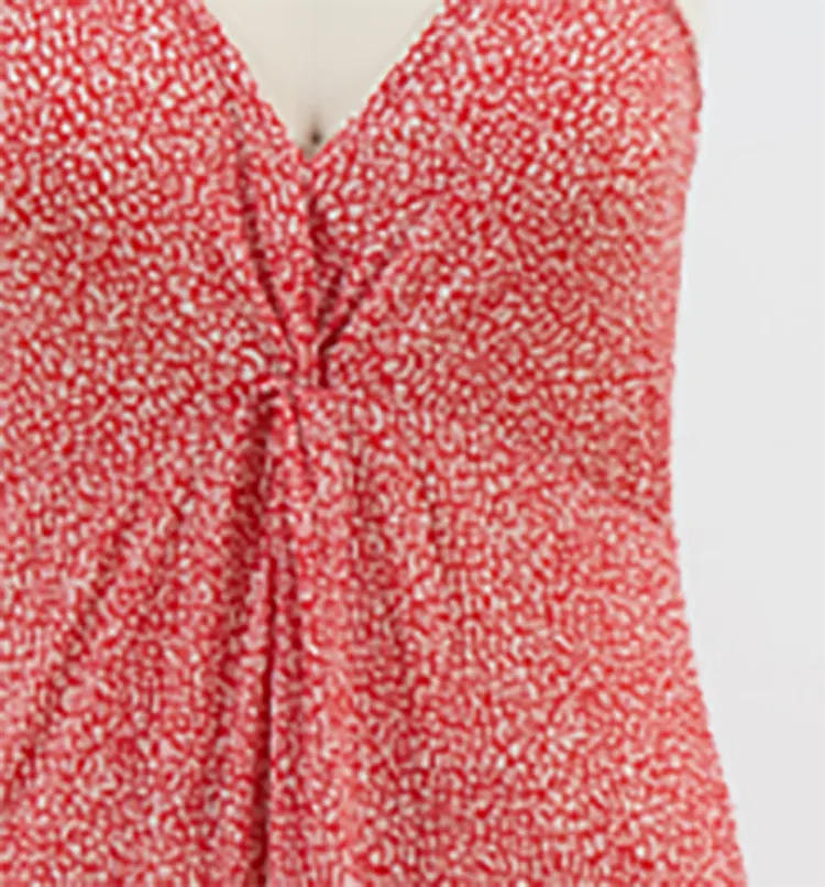 Red Printed Midi Slip Dress with Twist-Front Detail
