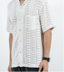 Openwork Short Sleeve Camp Collar Shirt with Chest Pocket