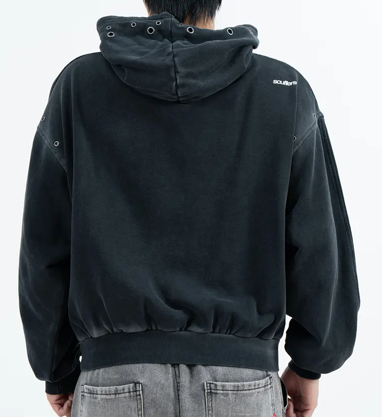 Cropped Pullover Hoodie with Eyelet Motif and Distressed Pocket Detail