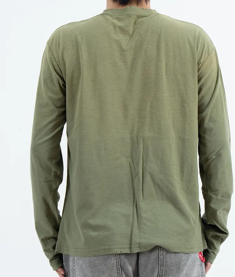 Olive Long Sleeve T-Shirt with Distressed Neckline and Hem