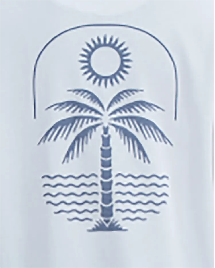 Relaxed Crew Neck T-Shirt with Palm Tree Chest and Back Graphics