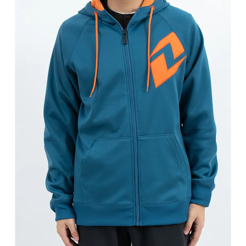 Felpa con cappuccio con zip raglan verde acqua con grafica arancione sul petto e cordino